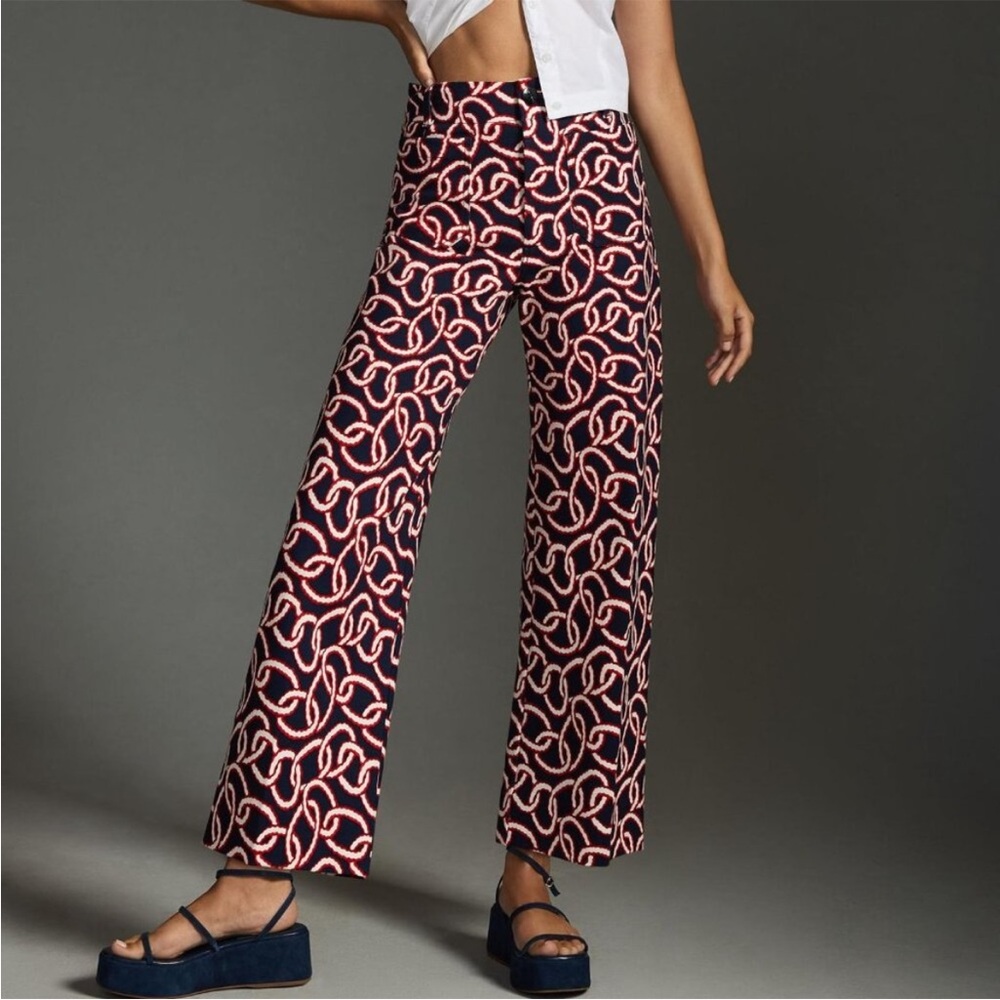 - Anthropologie Maeve NWT Colette Cropped Wide-Leg Ponte Pants Red Motif N…